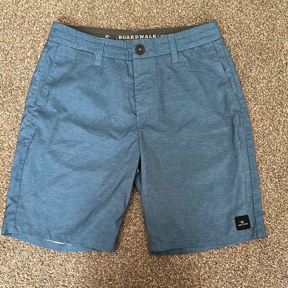 Flat Front Blue Casual Shorts with Subtle Texture